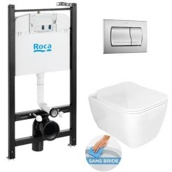 Roca Pack Bâti-support ROCA ACTIVE + WC Sans Bride Idevit Havana + Abattant Ultra Fin + Plaque Chrome Mat (RocaActiveHavana-2)