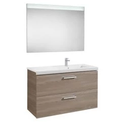 Pack Unik PRISMA 1100 Meuble 2 Tiroirs Lavabo à Droite Miroir LED - Frêne - Roca