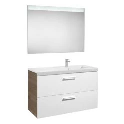 Pack Unik PRISMA 1100 Meuble 2 Tiroirs Lavabo à Droite Miroir LED - Blanc / Frêne - Roca
